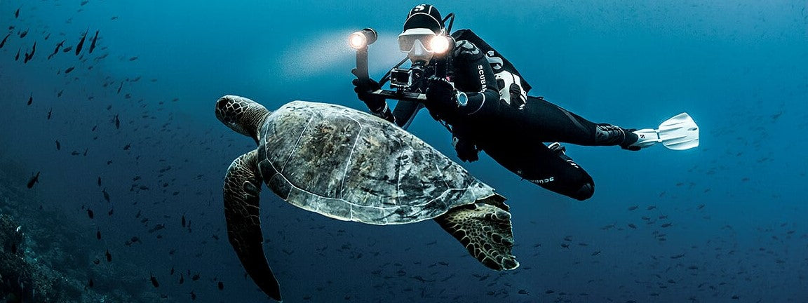 Scuba diver with underwater photography equipment taking a photo of a green sea turtle