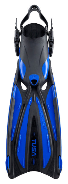A pair of Tusa Solla Fins in cobalt blue and black